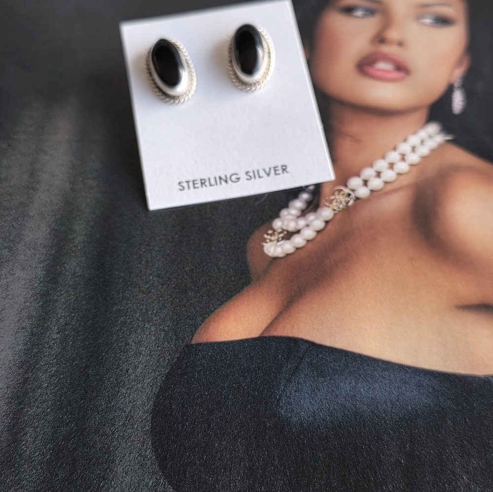 Sterling Silver Black Onyx Navajo Made Earrings - Picture 2 of 9
